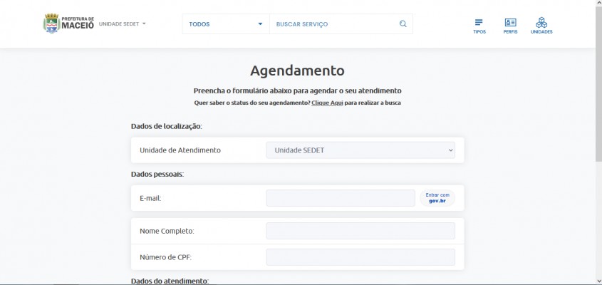Imagem da página de agendamento para os serviços da Sedet.