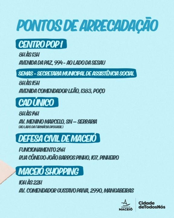 Confiram os cinco pontos de arrecadação de donativos