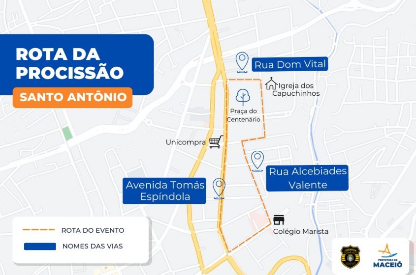 Mapa ilustrativo da rota da Procissão.