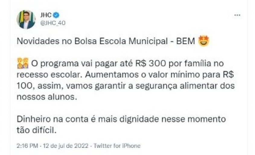 Anúncio foi feito pelo prefeito JHC em suas redes sociais. Foto: Reprodução