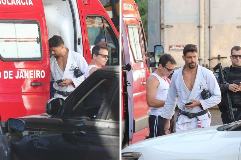 Cauã Reymond no carro do Corpo do Bombeiros após acidente