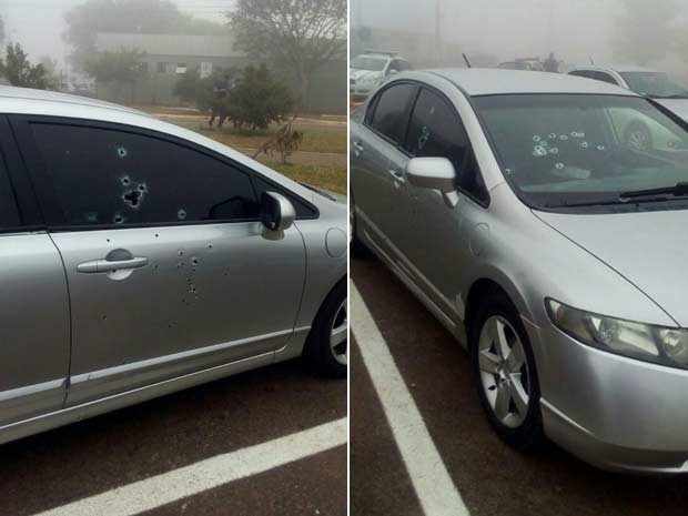 Marcas de tiros em carro de réu de homicídio morto nesta quinta-feira (28) no estacionamento do Fórum de Santa Maria, no Distrito Federal, pouco antes de início do julgamento (Foto: Polícia Militar/Divulgação)