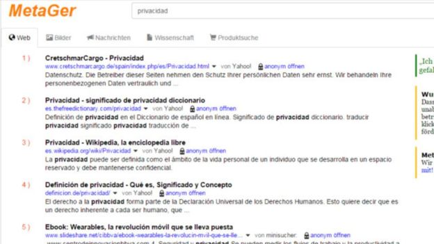 Se você usa o Metager existe uma grande probabilidade de receber resultados em alemão