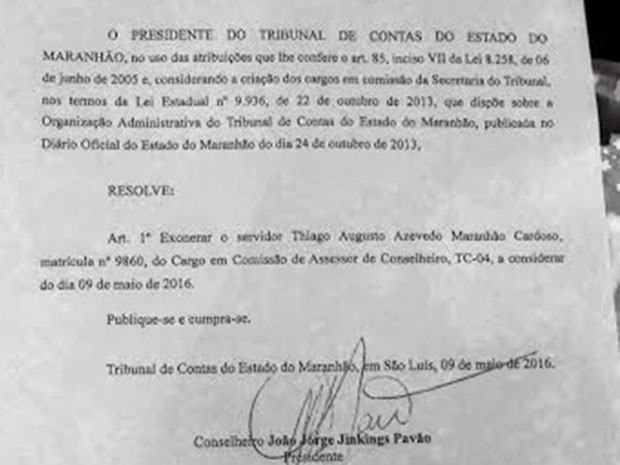 Presidente do tribunal assinou a exoneração nesta segunda-feira (9) (Foto: Divulgação/TCE-MA)