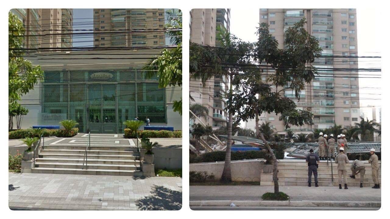 Imagem mostra antes e depois de entrada de prédio que teve desabamento em Vitória.