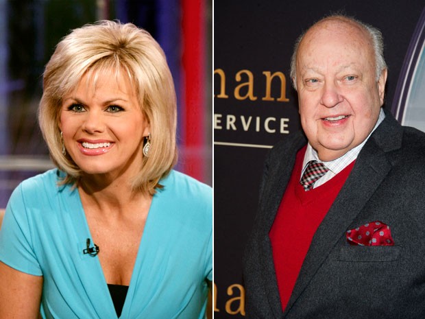 Gretchen Carlson, ex-âncora do Fox News, em foto de 2010; à dir., Roger Ailes, que ela acusa de assédio sexual, em foto de 2015.