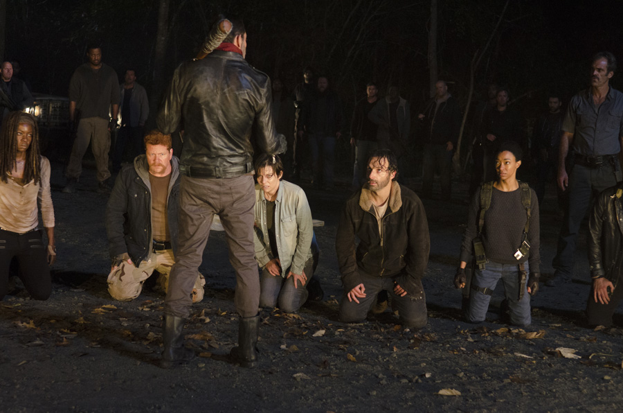 Danai Gurira as Michonne; Michael Cudlitz as Sgt Abraham Ford; Lauren Cohan as Maggie Greene; Andrew Lincoln as Rick Grimes; Sonequa Martin-Green as Sasha; Jeffrey Dean Morgan as Negan - The Walking Dead _ Season 6, Episode 16 - Photo Credit: Gene Page/AMC