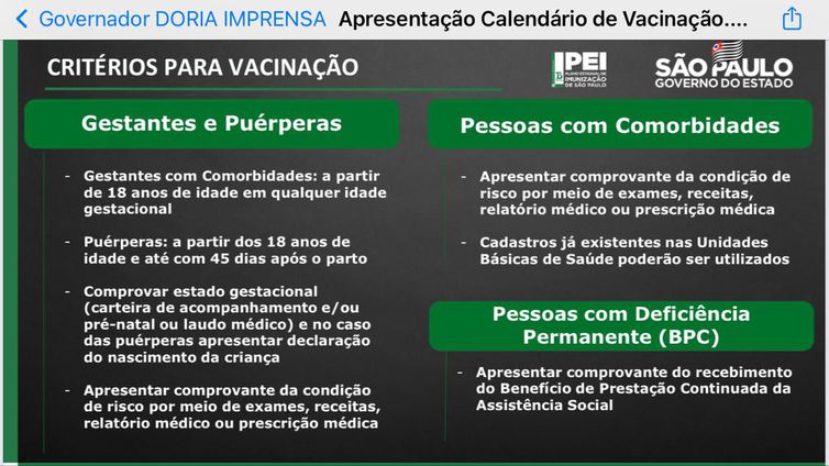 Grávidas e pessoas com deficiência permanente ou doenças crônicas serão vacinadas em SP a partir da próxima semana