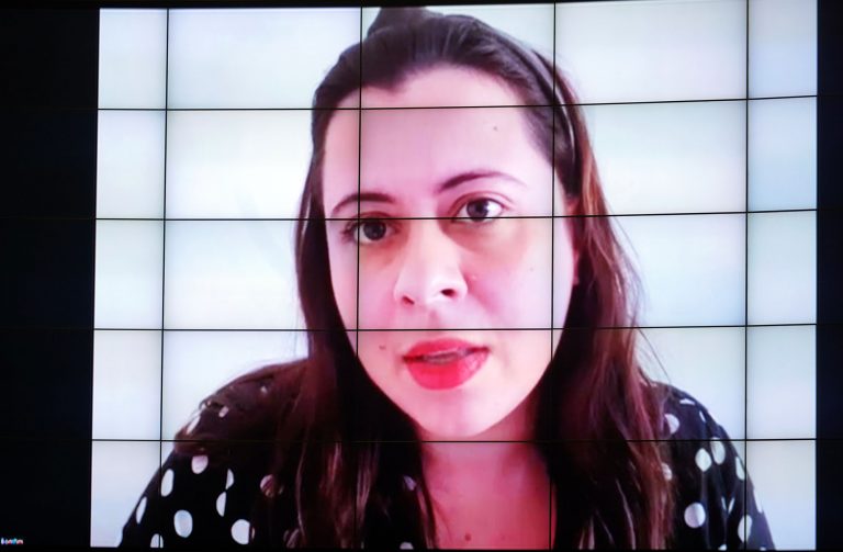 Deputada Sâmia Bomfim fala olhando para a tela do computador durante videoconferência