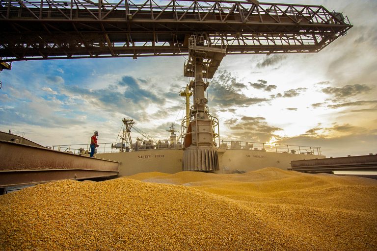 Economia - exportação comércio exterior commodities estivadores balança comercial (milho embarcado em navio no Porto de Paranaguá-PR)