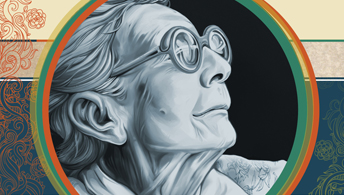 Desenho de uma mullher idosa em preto e branco. Ela usa óculos e está de perfil