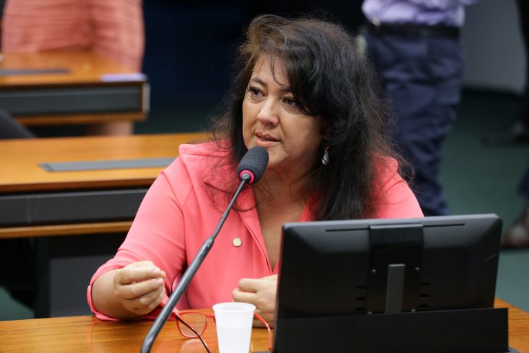 Deputada Christiane de Souza Yared fala ao microfone. Ela está sentada e usa uma blusa rosa