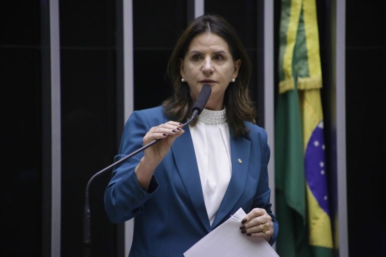 Deputada Carmen Zanotto discursa no Plenário da Câmara. Ela é branca, tem cabelos castanhos e lisos e usa um blazer azul