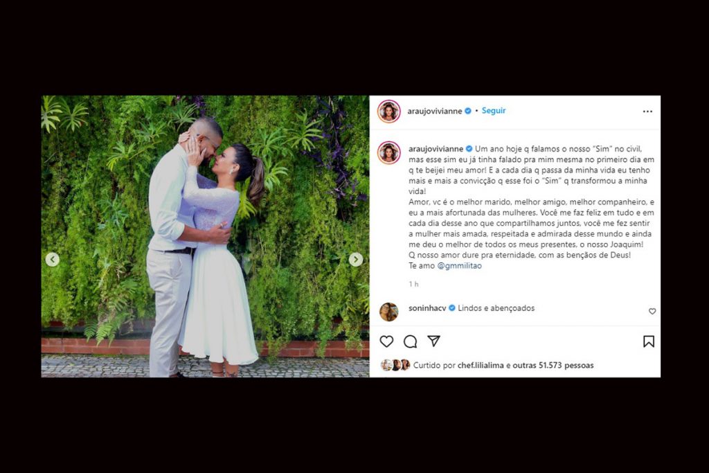 Viviane Araújo celebra um ano de casamento no civil com Guilherme Militão