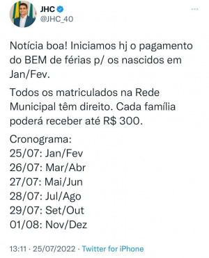 Prefeito JHC publicou o calendário de pagamento do BEM de férias. Foto: Reprodução