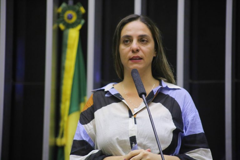 Deputada Fernanda Melchionna fala ao microfone. Ela é branca, tem o cabelo castanho e comprido, veste uma camisa branca, preta e azul