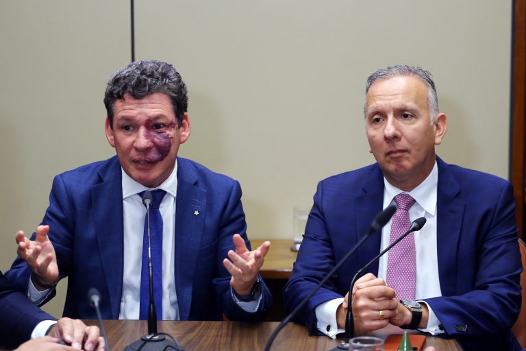 Deputados Reginaldo Lopes e Aguinaldo Ribeiro falam ao microfone. Os dois são homens brancos e usam terno azul-marinho. Reginaldo tem uma mancha de nascença no rosto