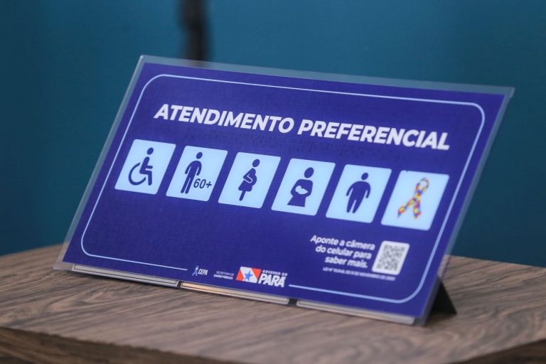 Placa azul com símbolos de idosos, pessoas com deficiência, grávidas, crianças de colo, obesos e autistas