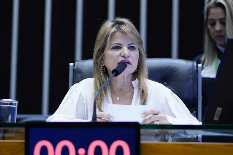 Deputada Flávia Morais está sentada falando ao microfone
